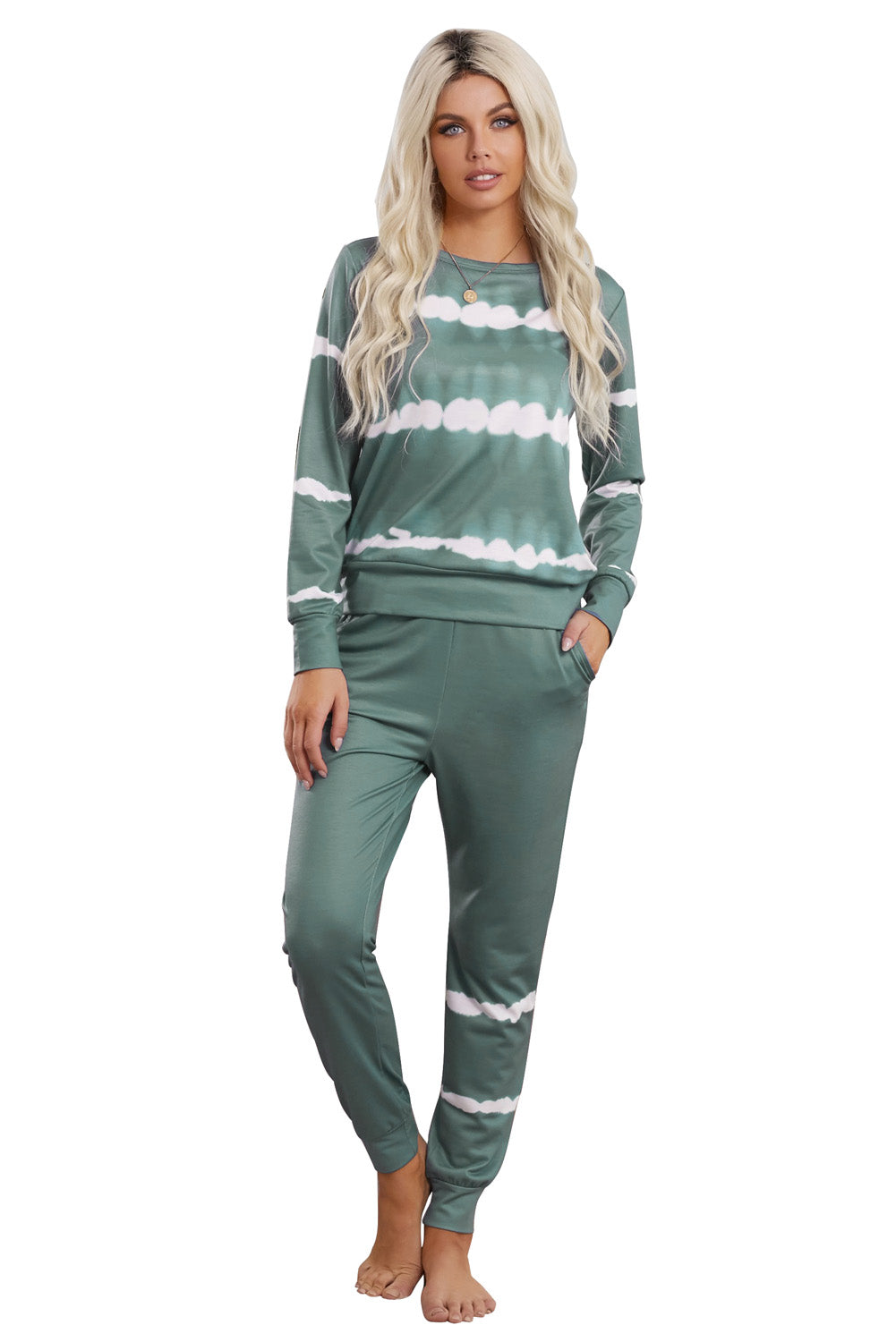 Army Green Tie-dye Stripes Pullover Top and Pants Lounge Set