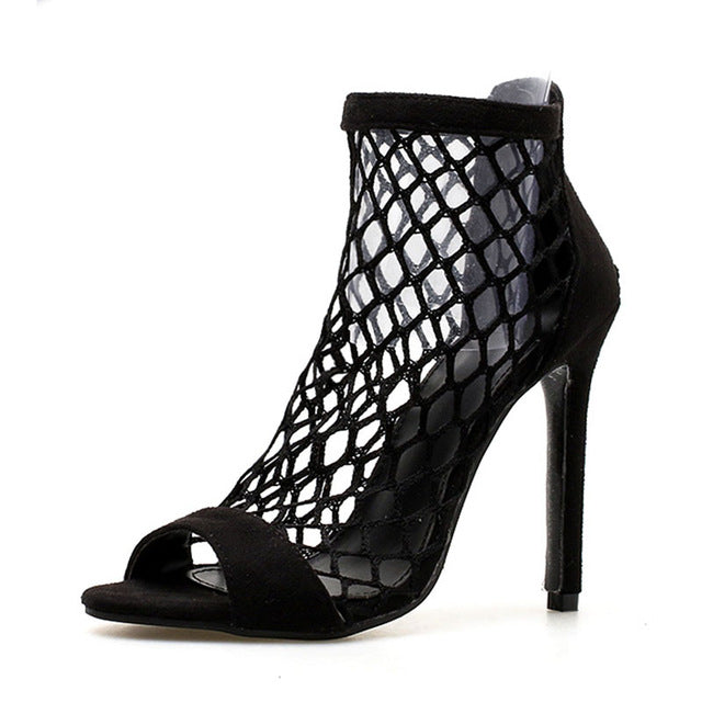 Sexy High Heels Mesh Peep Toe Fishnet Zip Up Shoes