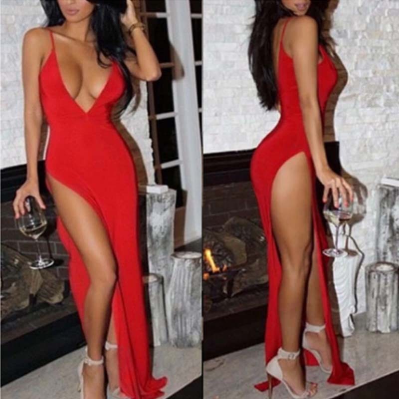 Deep V-shaped camisole high waisted slit long dress