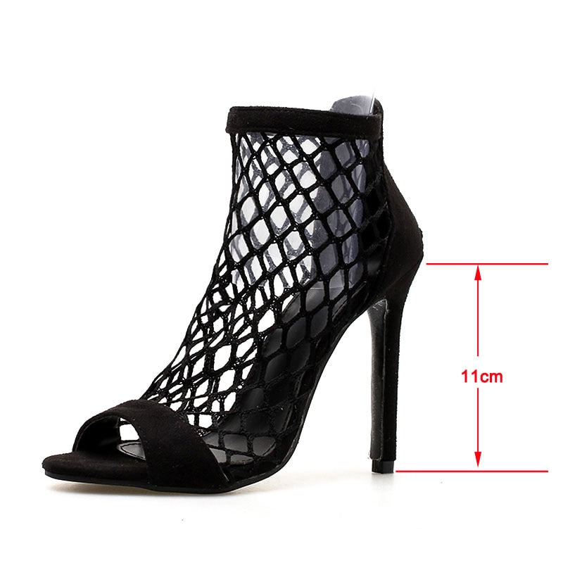 Sexy High Heels Mesh Peep Toe Fishnet Zip Up Shoes