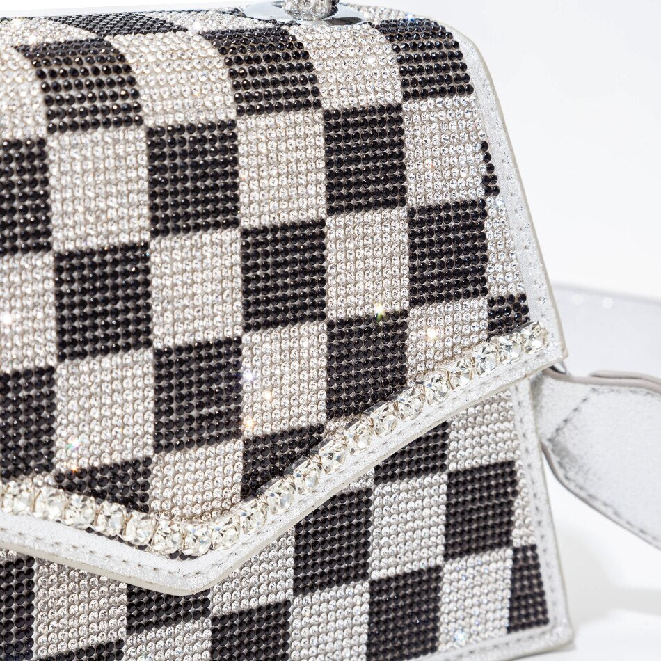 Checkerboard Patterns Crossbody Designer Chain Shiny Crystal Evening Clutch Purse