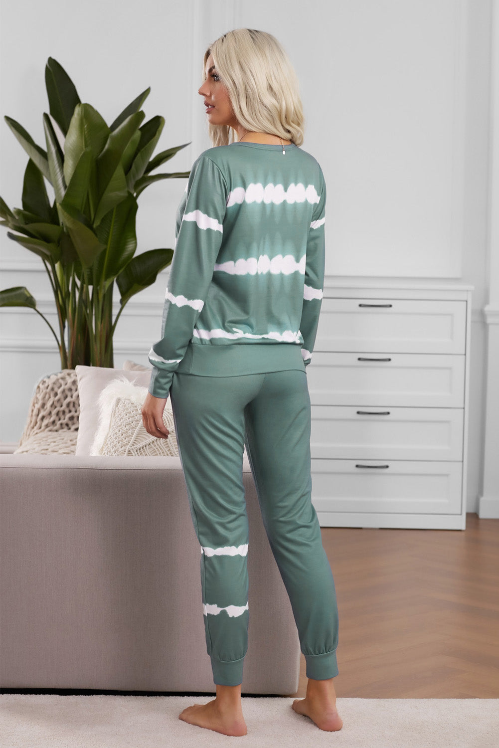 Army Green Tie-dye Stripes Pullover Top and Pants Lounge Set