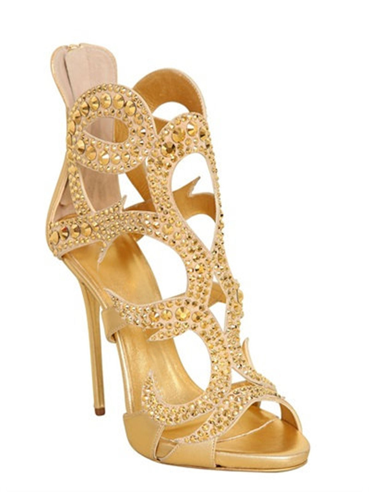 Sexy Luxury High Heel Shoes, Thin Heel, Gold Champagne, Water Diamond