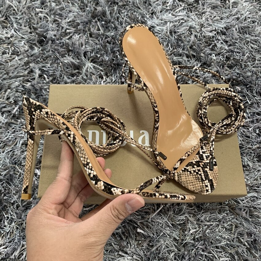 High Heels Snake Print Lace-Up Cross Strap Gladiator Sandals 4 Inch Heels