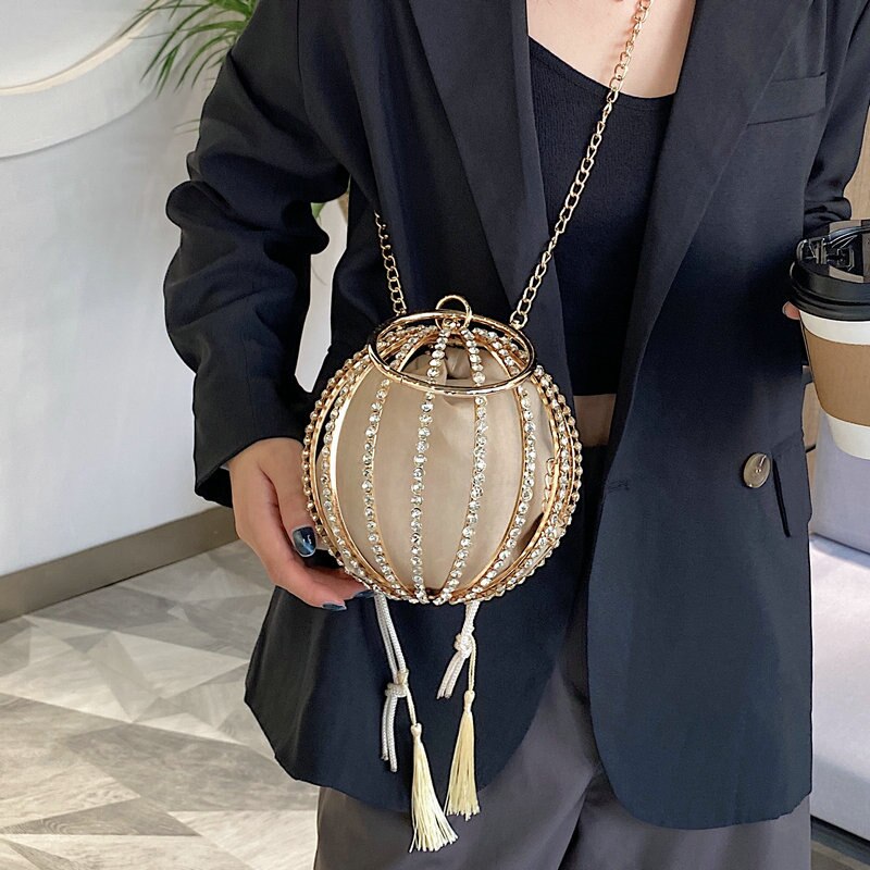 Luxurious Diamond Pearl Flower Metal Ball Women Party Evening Bag With Crossbody Chain