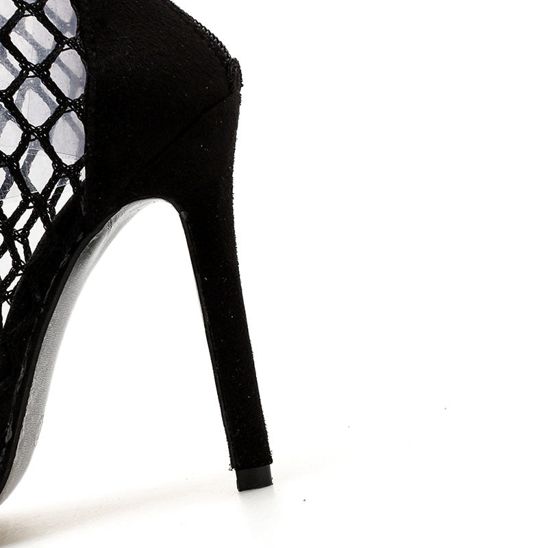 Sexy High Heels Mesh Peep Toe Fishnet Zip Up Shoes