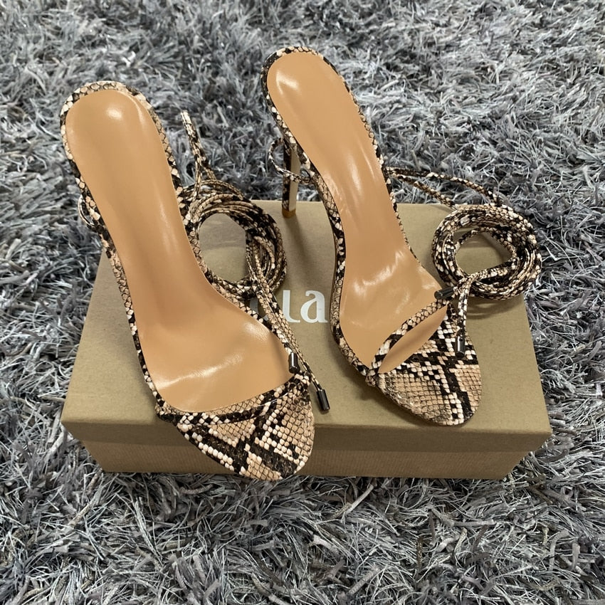 High Heels Snake Print Lace-Up Cross Strap Gladiator Sandals 4 Inch Heels