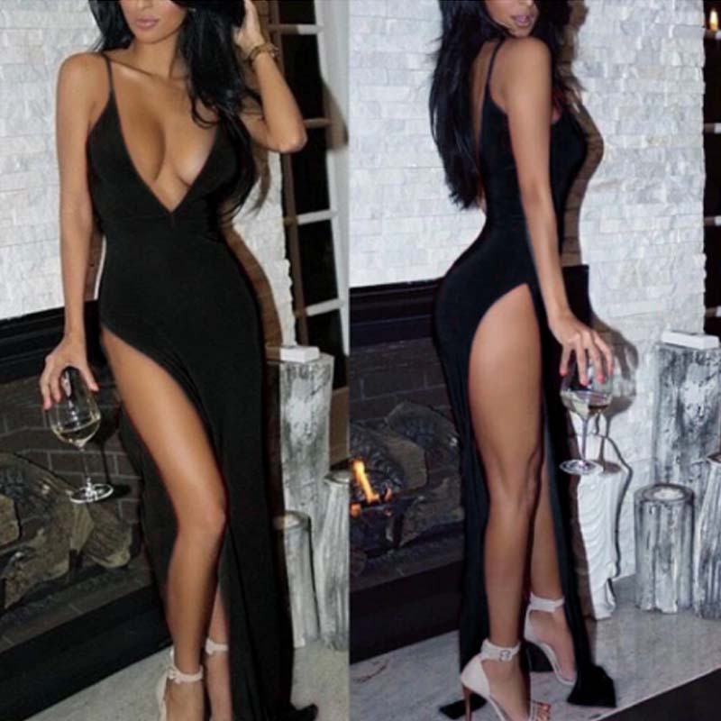 Deep V-shaped camisole high waisted slit long dress