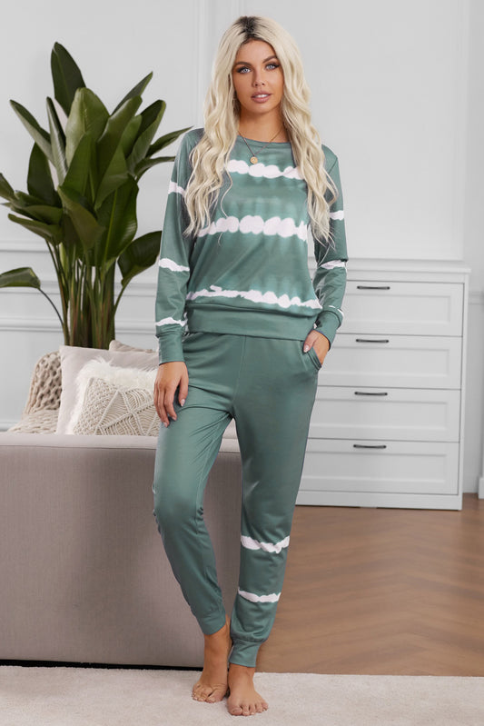 Army Green Tie-dye Stripes Pullover Top and Pants Lounge Set