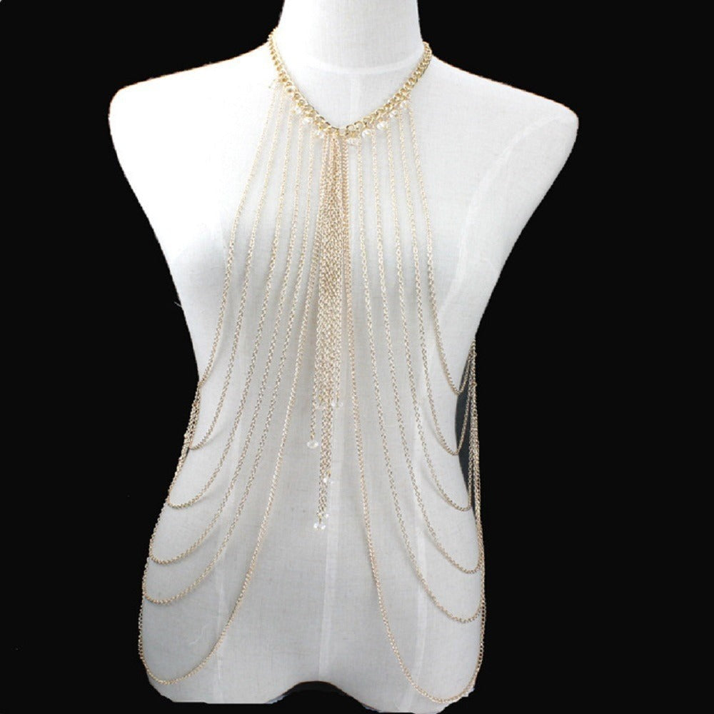 New Hot Selling Fashion Sexy Crystal Multi layered Tassel Long Necklace Body Chain Beauty Body Chain Women