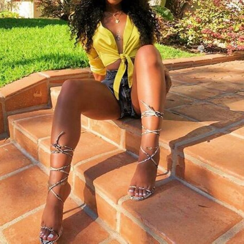 High Heels Snake Print Lace-Up Cross Strap Gladiator Sandals 4 Inch Heels