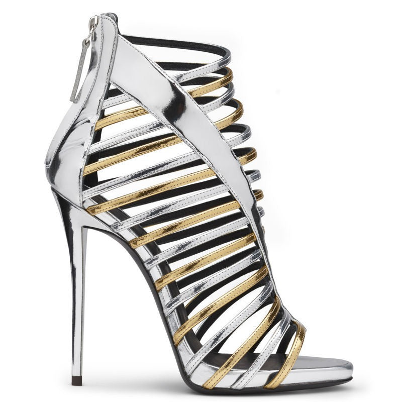 Roman Style Thin Straps High Heeled Sandals, Gold and Silver, Wrapped With Roots