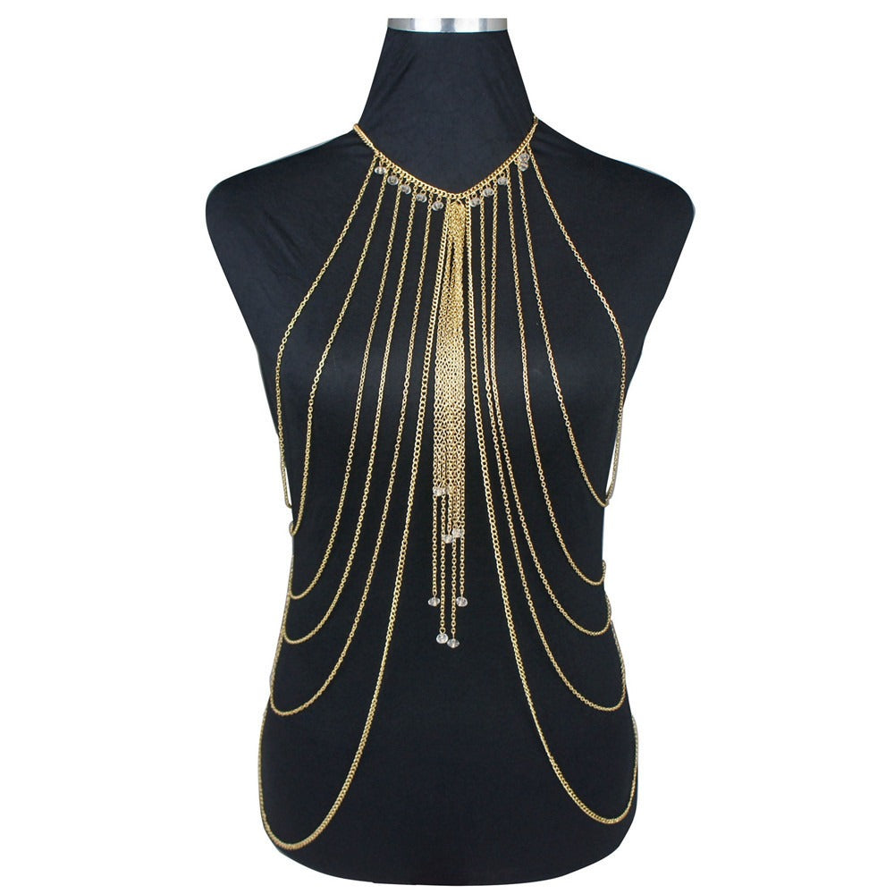 New Hot Selling Fashion Sexy Crystal Multi layered Tassel Long Necklace Body Chain Beauty Body Chain Women