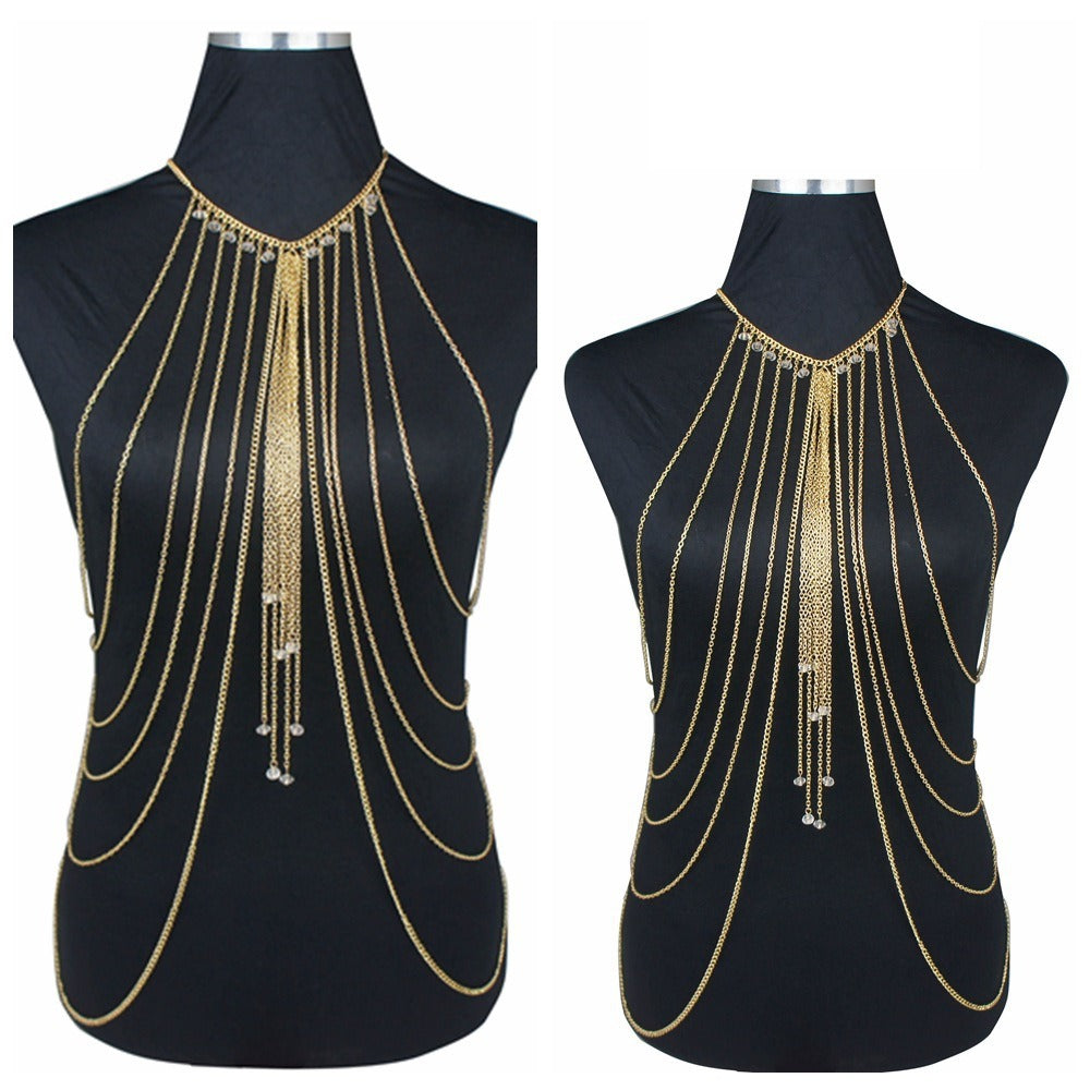 New Hot Selling Fashion Sexy Crystal Multi layered Tassel Long Necklace Body Chain Beauty Body Chain Women