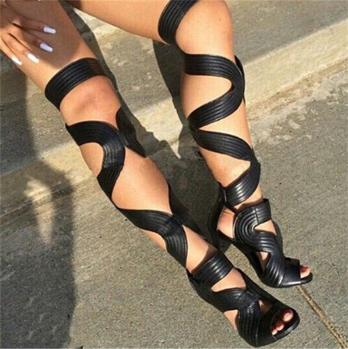 Sexy Open Toe Gladiator Cut-Outs Lace Up Thigh High Boots High Heels Black Leather Shoes