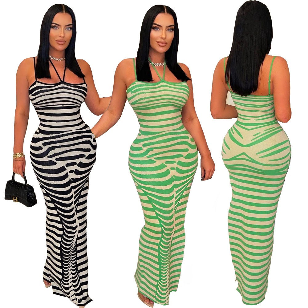 Hot selling women's pit strip positioning personality print halter dress with adjustable shoulder strap