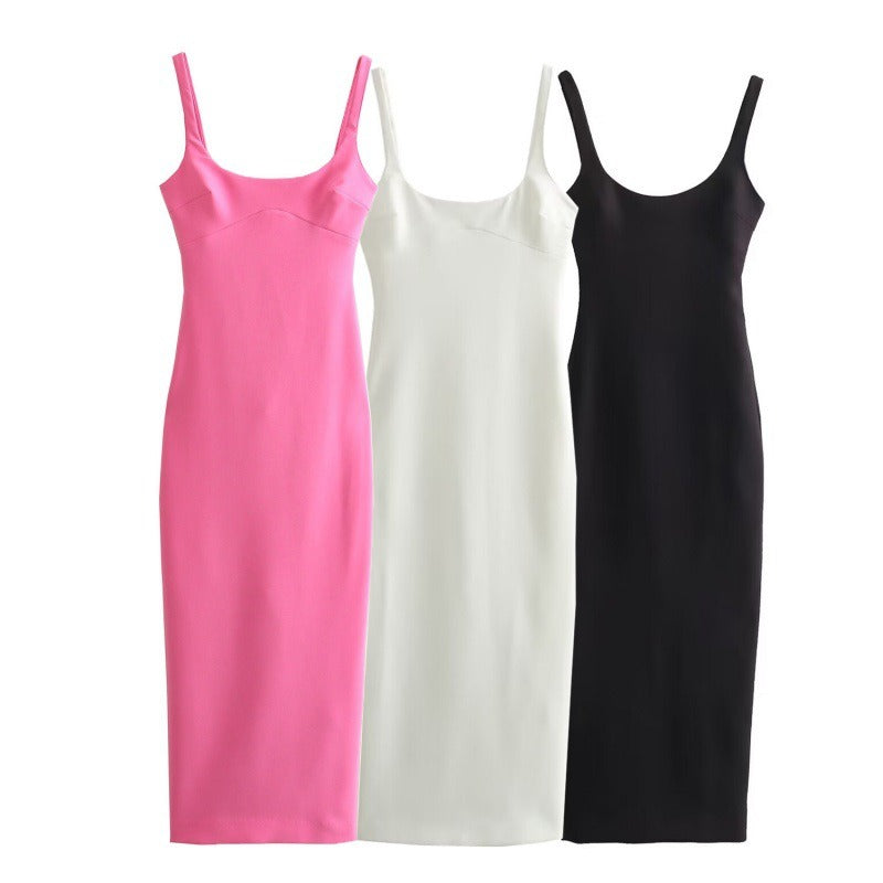 Women's sleeveless solid color fitted mid length dress