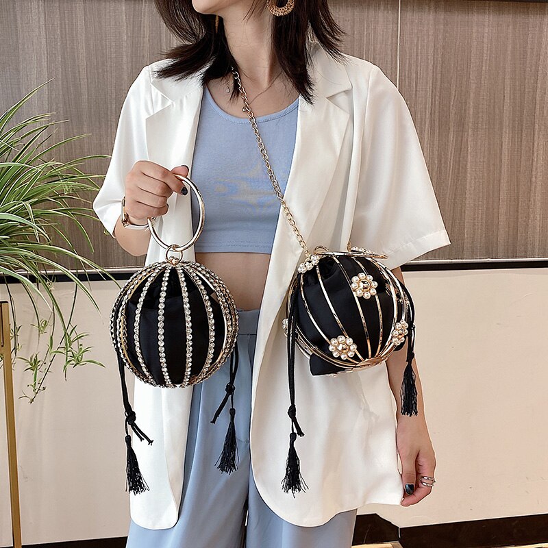 Luxurious Diamond Pearl Flower Metal Ball Women Party Evening Bag With Crossbody Chain