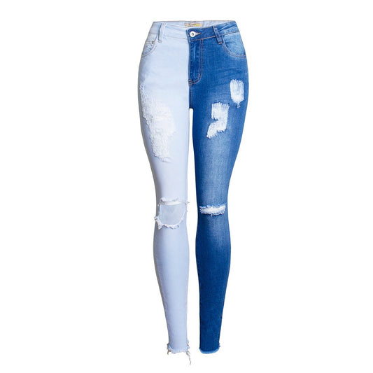 Double Color Patchwork Stretchy Ripped Knees Jeans