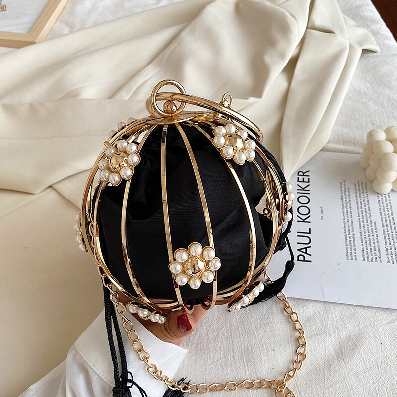 Luxurious Diamond Pearl Flower Metal Ball Women Party Evening Bag With Crossbody Chain