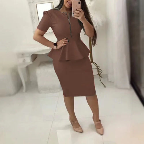 Women's Formal Office Skirt Sets Solid Zipper V-neck Pencil