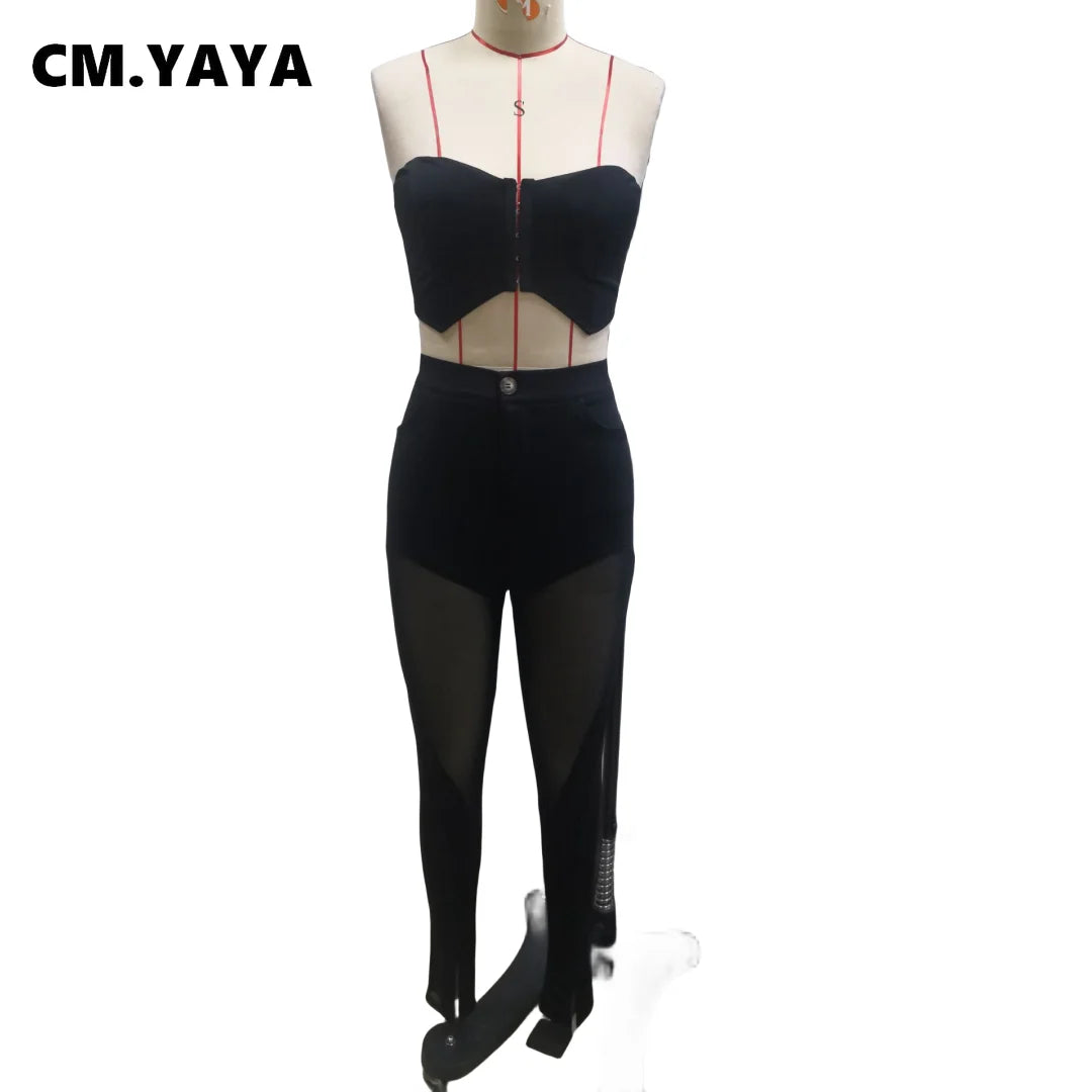 CM.YAYA Fashion Women's Tunic Crop Top and Flare Slit Hem Mesh Patchwork Pants 2 Piece Set