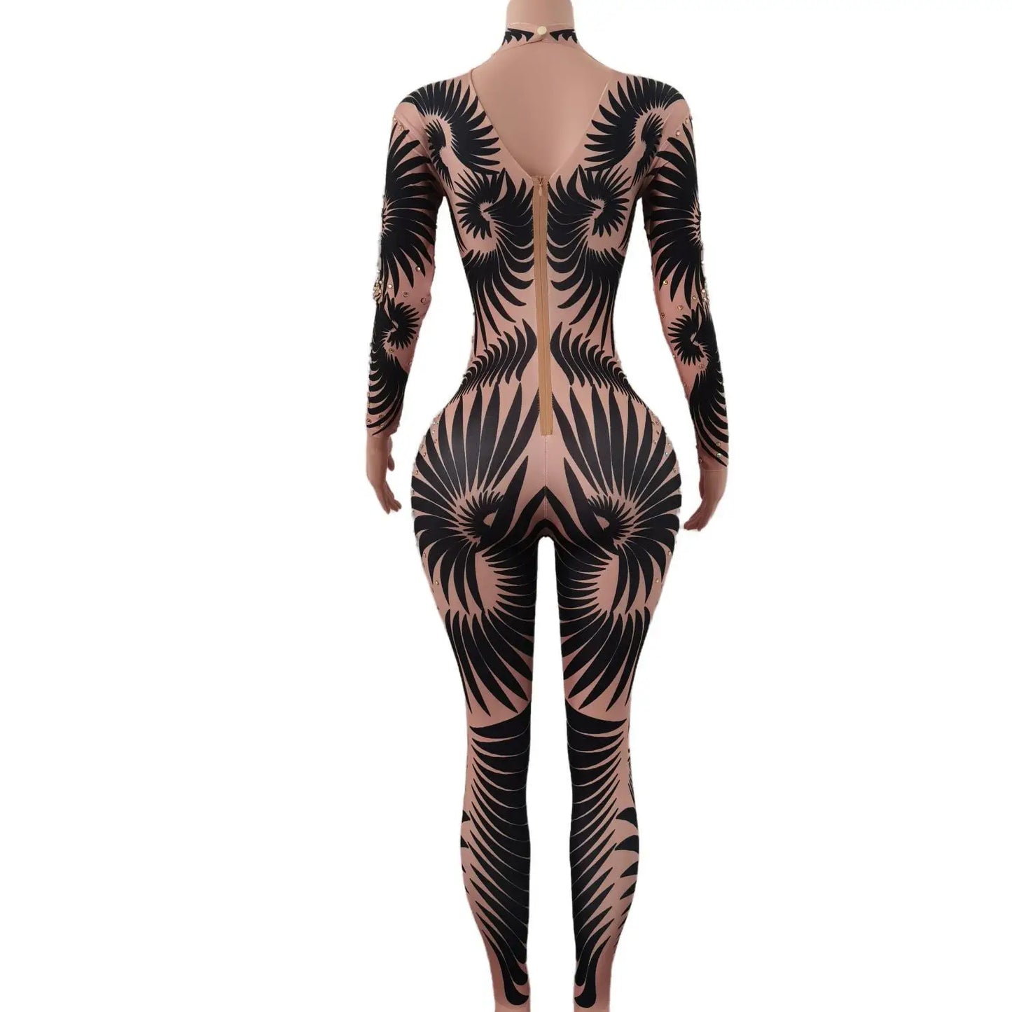 Sparkly Stone Feather Print Jumpsuit Women Sexy Birthday Party